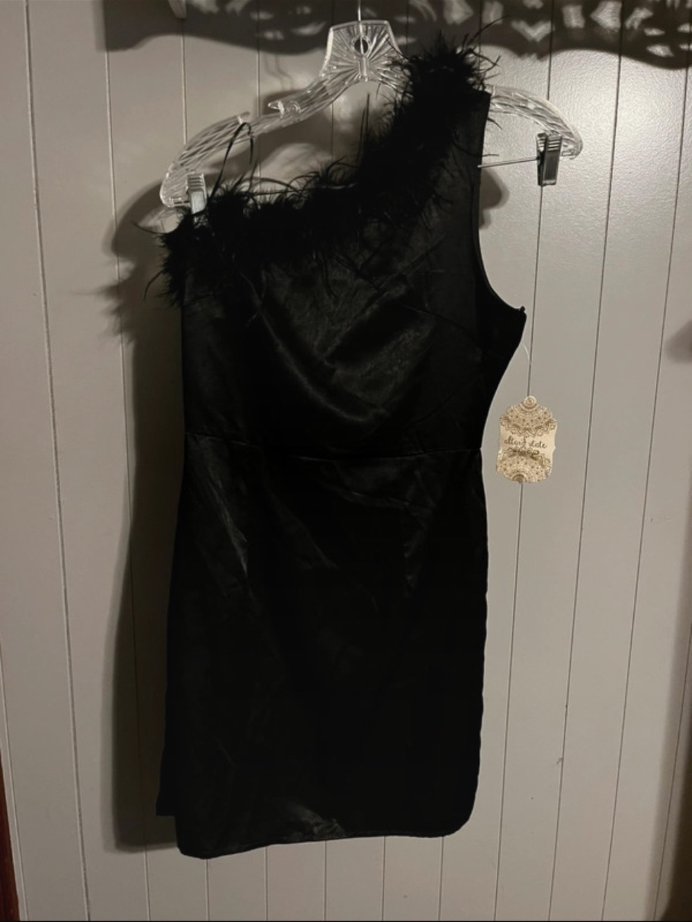 Altar'd State NWT black satin one-shoulder mini dress feather trim